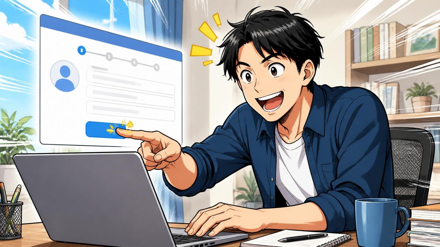 今すぐ取れる無料の一歩、自宅のデスクで在宅勤務中の30代男性、エージェント登録画面を開いて前向きにクリック
