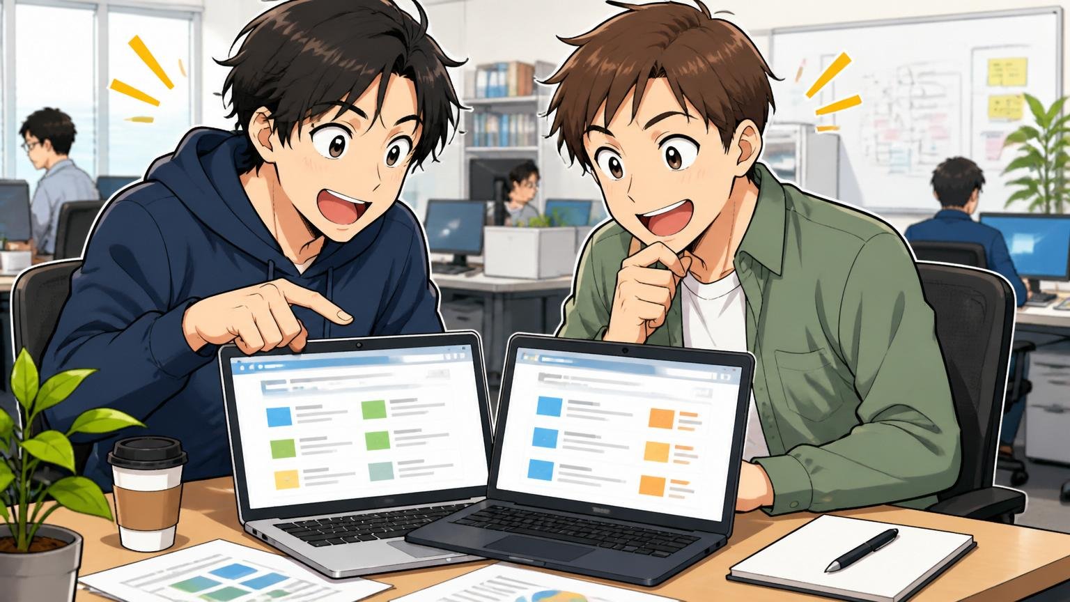 もう一度、無料相談・情報収集すべきエージェント Web系企業のオフィス エンジニア2人が求人比較をする