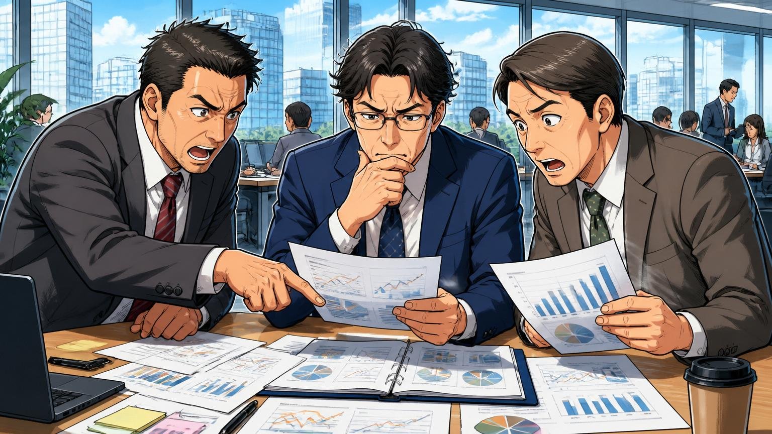 TOB後のカルチャー変化を読む視点。ガラス張りの本社オフィスで部長クラス3人が経営方針資料を見比べる