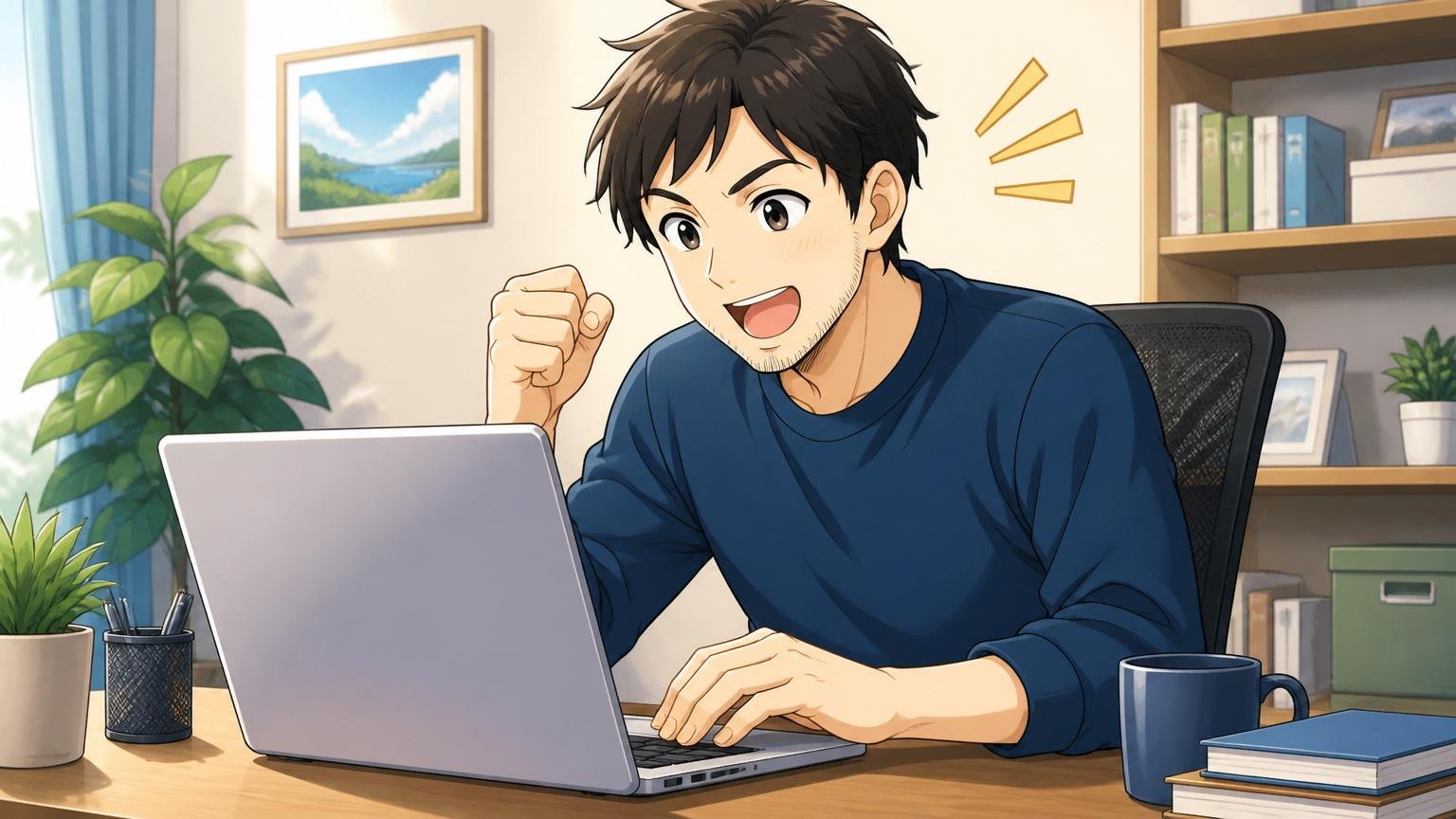 自宅のデスクで30代男性エンジニアがノートPCで転職エージェントに登録を始め前向きな表情を見せる