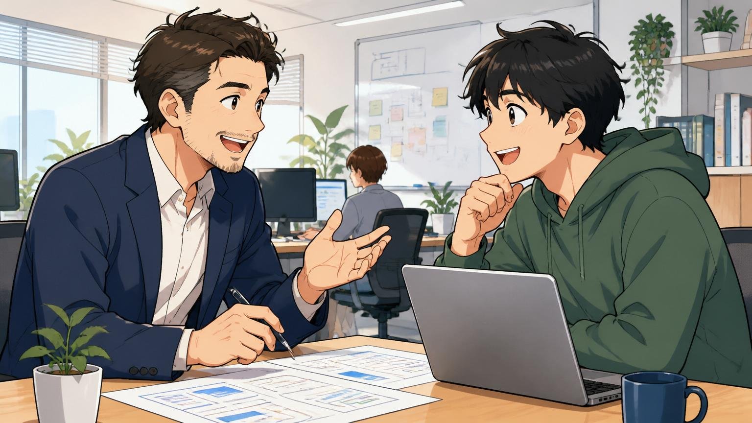 まずは無料相談から、Web系スタートアップのオフィスでアドバイザーとエンジニアが笑顔で話し合う、安心感のある雰囲気