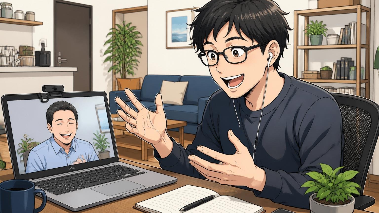 自宅のリビングで在宅勤務終了後の30代エンジニアがオンライン面談を受けている