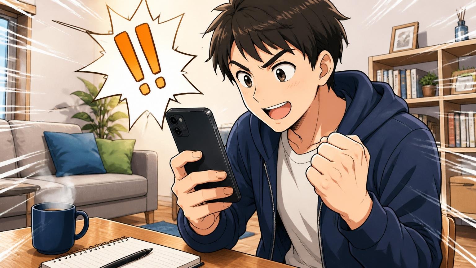 自宅のリビングで20代男性エンジニアがスマホで無料相談を申し込み決意