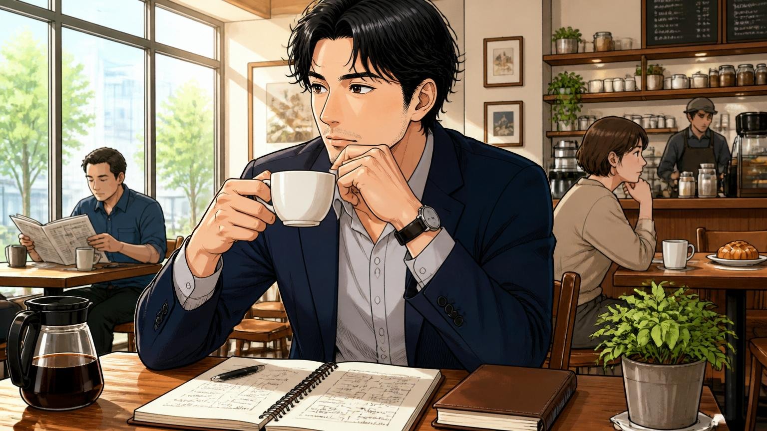 朝のカフェで穏やかにコーヒーを飲みながらキャリアを考える落ち着いた30代の男性