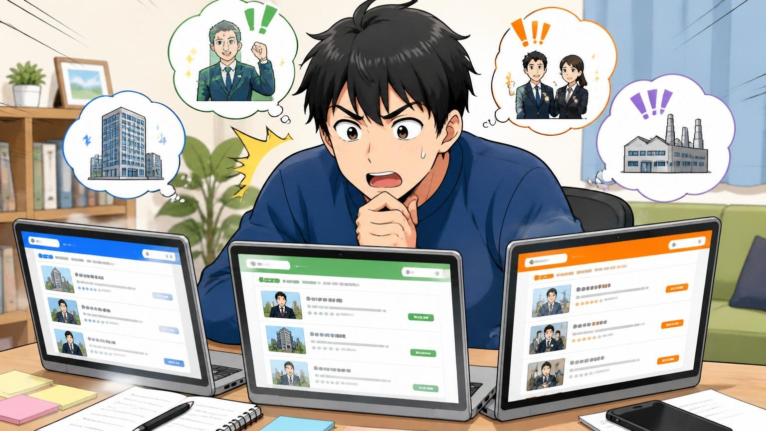 市場相場を確認、自宅で30代男性、複数の求人サイトを見比べる