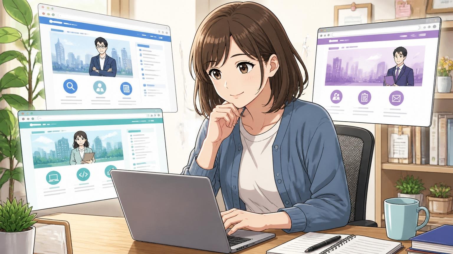 まずは「話を聞いてみる」から。経験者向けIT特化型エージェントおすすめTOP3。自宅のデスクで、30代女性エンジニアがノートPCで複数の転職エージェントの公式サイトを比較しながら穏やかな表情で検討している