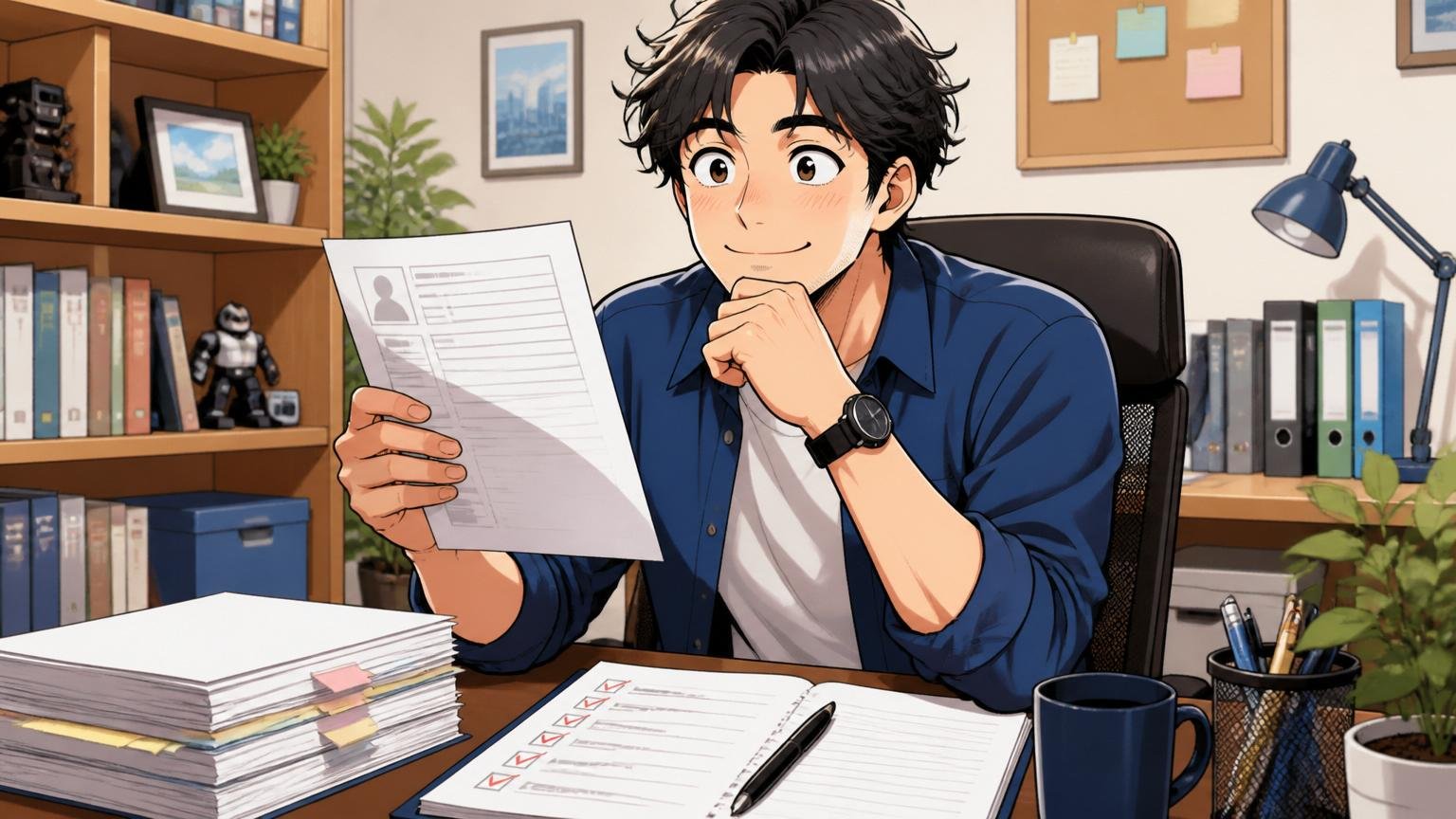 自宅のデスクで満足げに転職活動の成果をふりかえる30代エンジニア1人、書類と完了済みToDoリストを前に微笑む