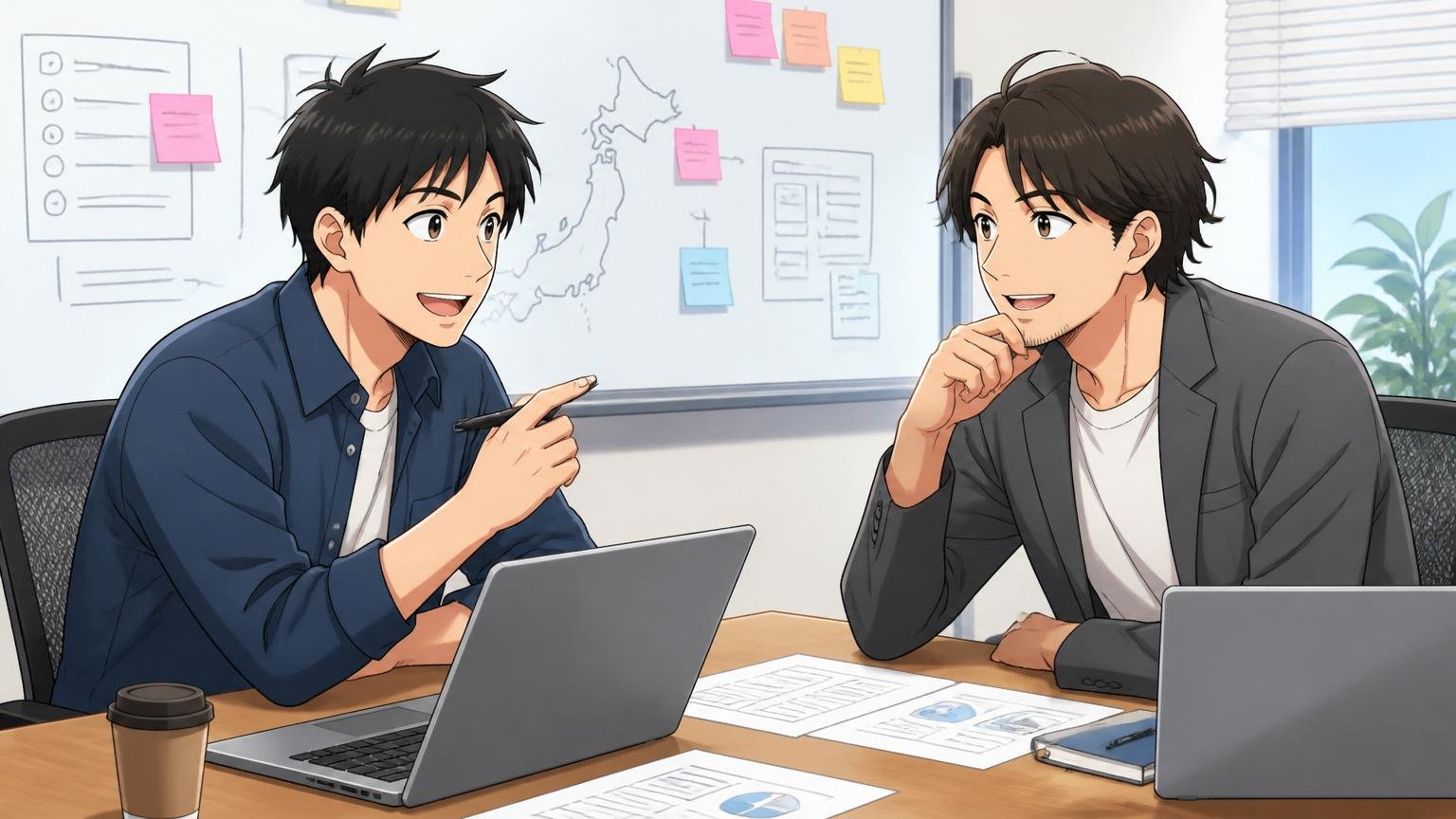 企業の会議室で日本語の打ち合わせをする30代男性エンジニア2人、リラックスした表情で日本の市場向け案件について話す