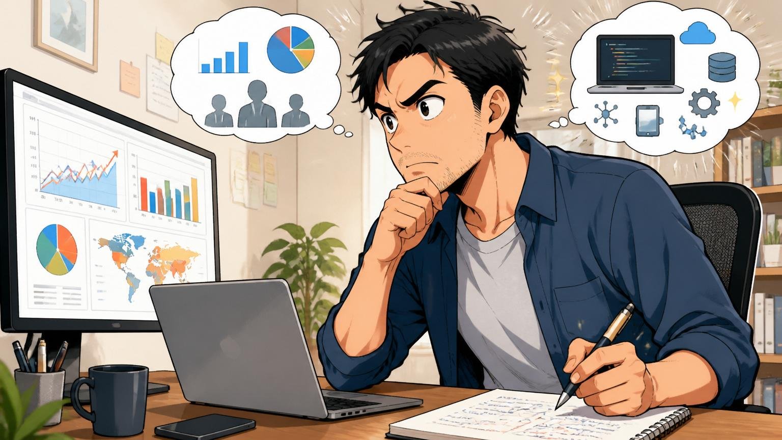 自宅のデスクで在宅勤務しながら市場データと自分のスキルを照らし合わせる30代の中堅エンジニア