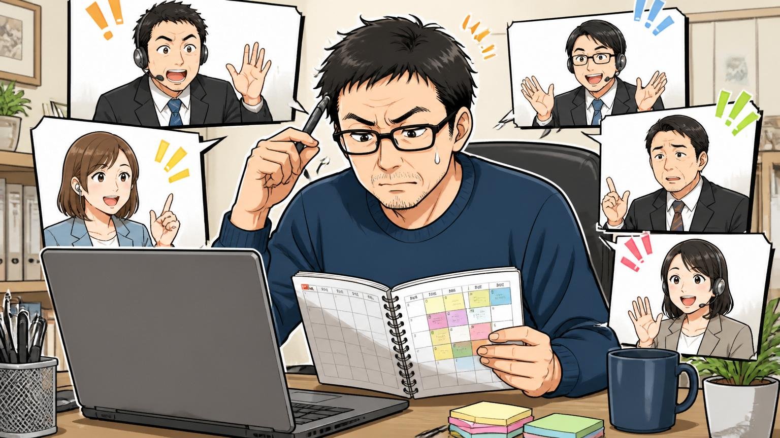 東京の自宅デスクで複数の転職エージェントとのオンライン面談スケジュールを管理する40代男性社員1人