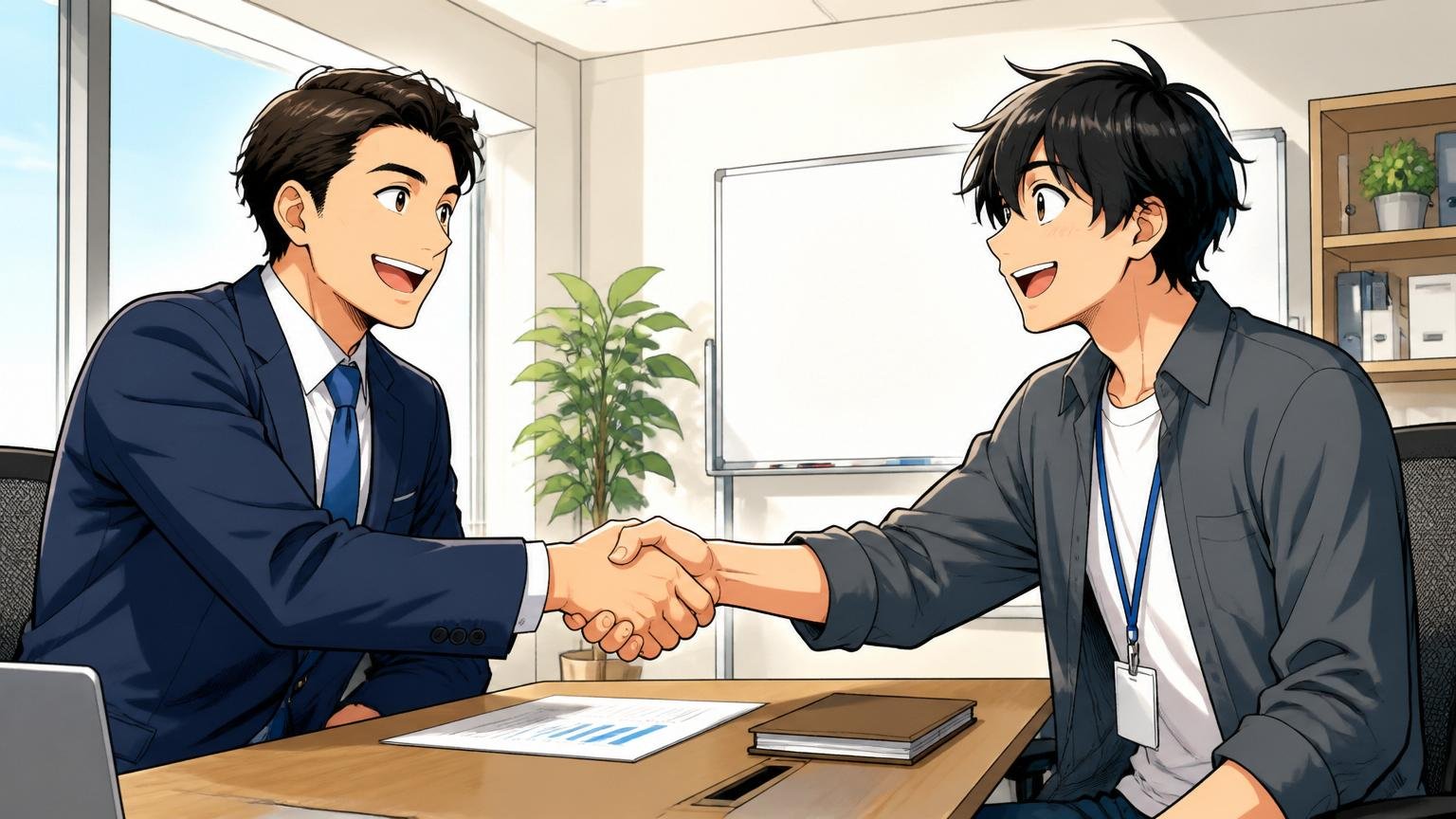 企業の明るい会議室で30代キャリアアドバイザーと20代エンジニアが笑顔で握手を交わす
