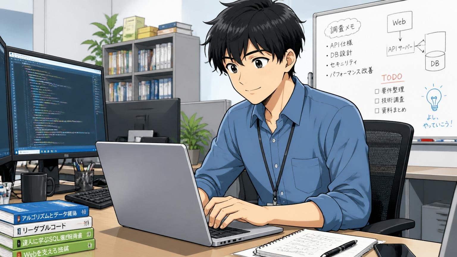 パソコンを開いて穏やかな表情で情報収集を始めるITエンジニアの男性