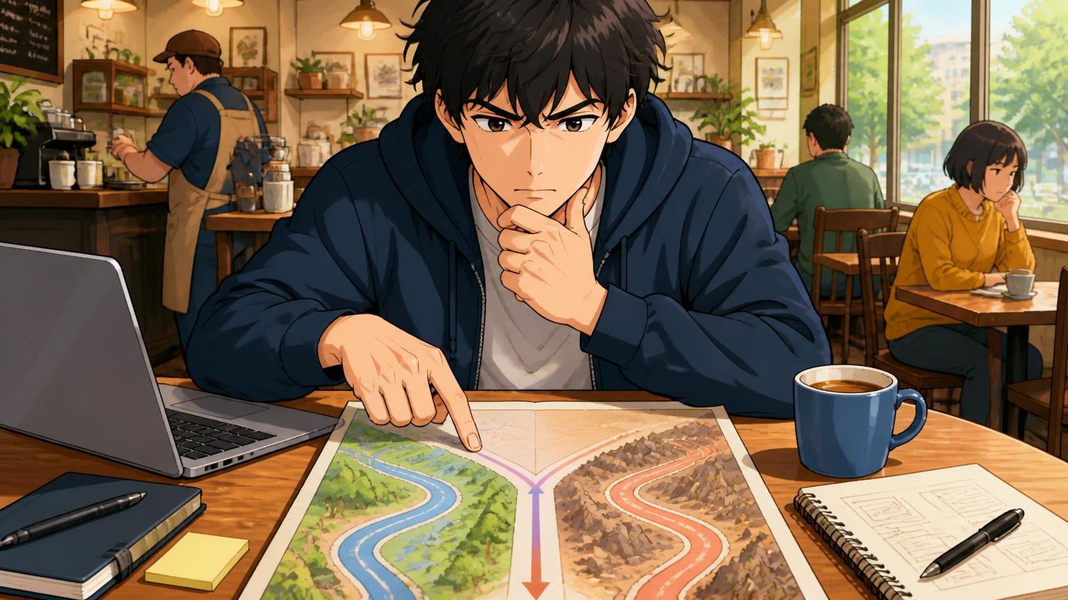 行動②：再挑戦か方向転換か、3つの判断基準で決める。カフェで2つの道に分かれた地図を見て進路を決める20代後半のエンジニア1人