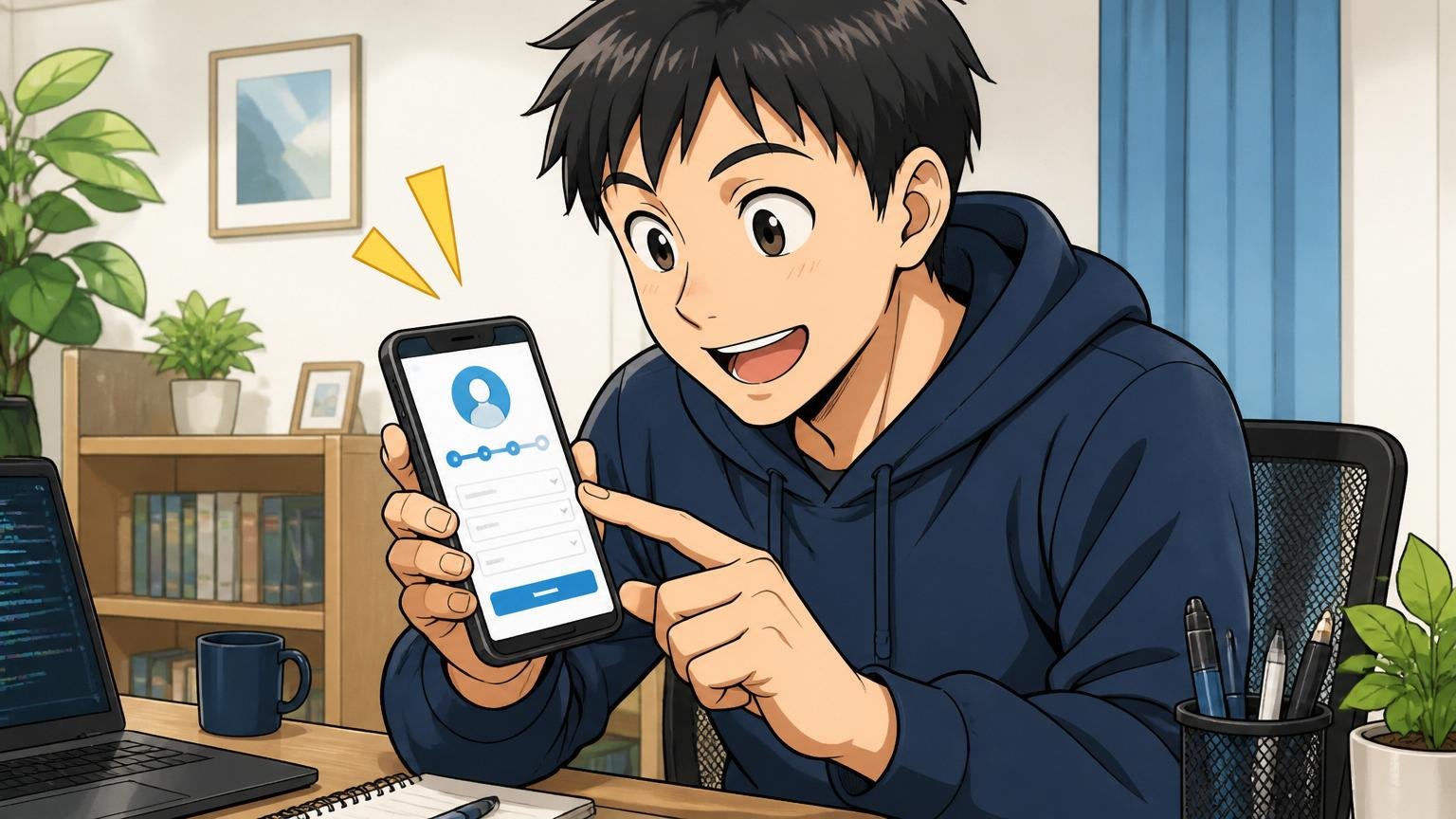 自宅のデスクで20代後半男性エンジニアが、スマホでエージェント登録画面を見ながら前向きな表情で操作する場面