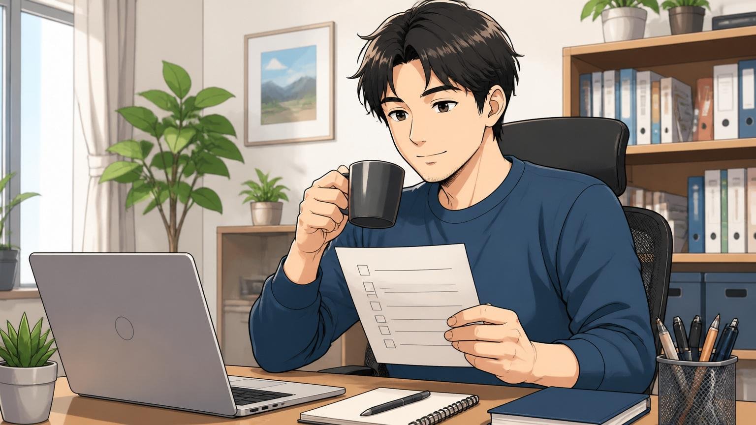 コーヒーを飲みながら落ち着いて転職を考えるエンジニア。自宅のデスクで在宅勤務、30代男性1人が穏やかな表情でリストを眺める
