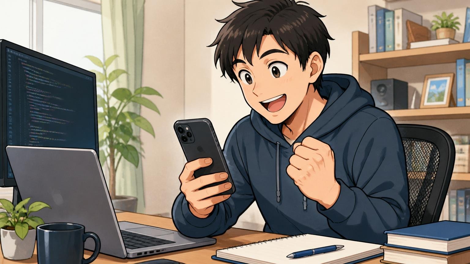 自宅のデスクでスマホからエージェント登録を進める30代エンジニアの前向きな表情の落ち着いたシーン