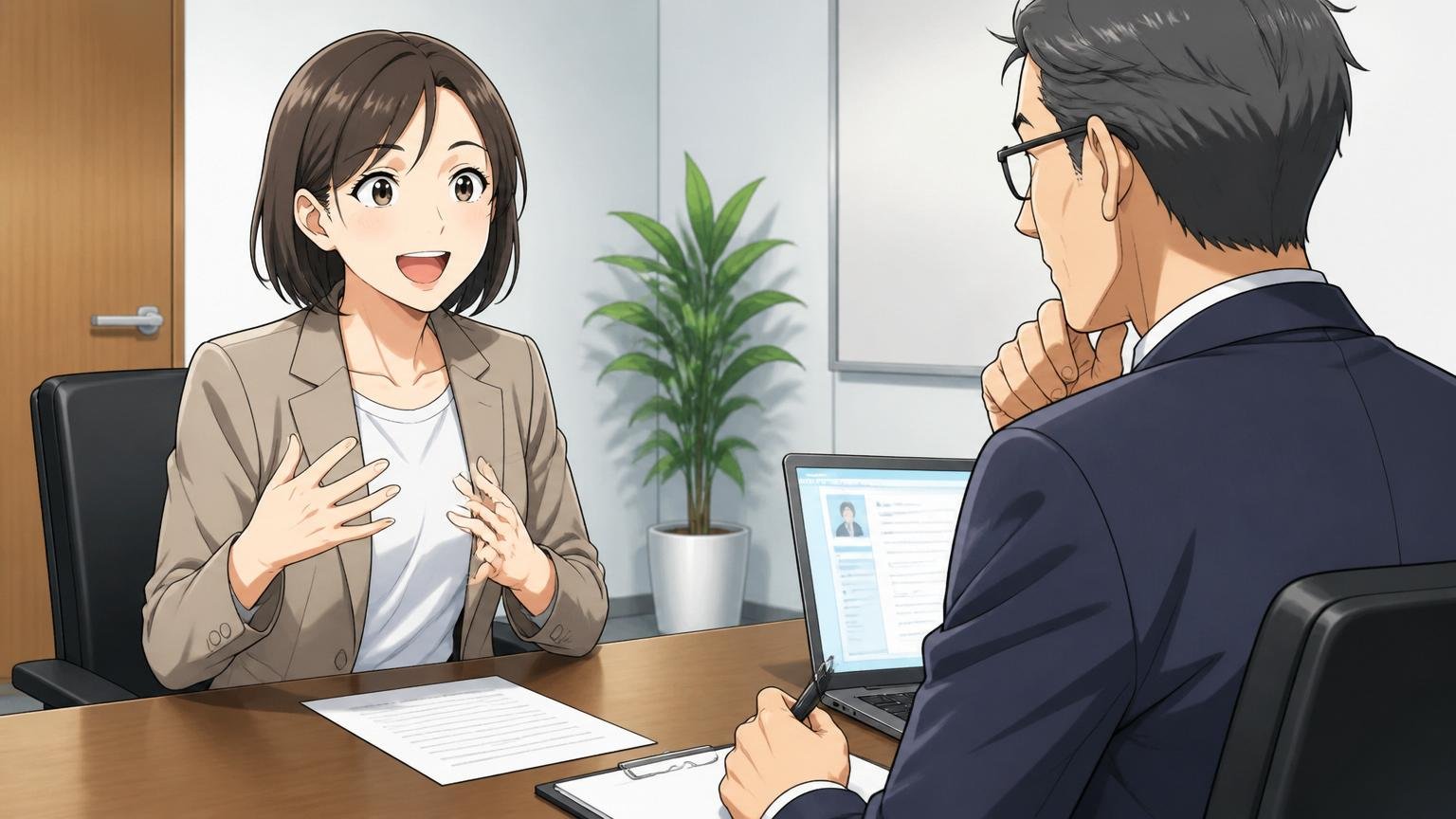 30代でも転職できますか｜企業の会議室で面接を受ける30代女性エンジニア1人と40代男性面接官