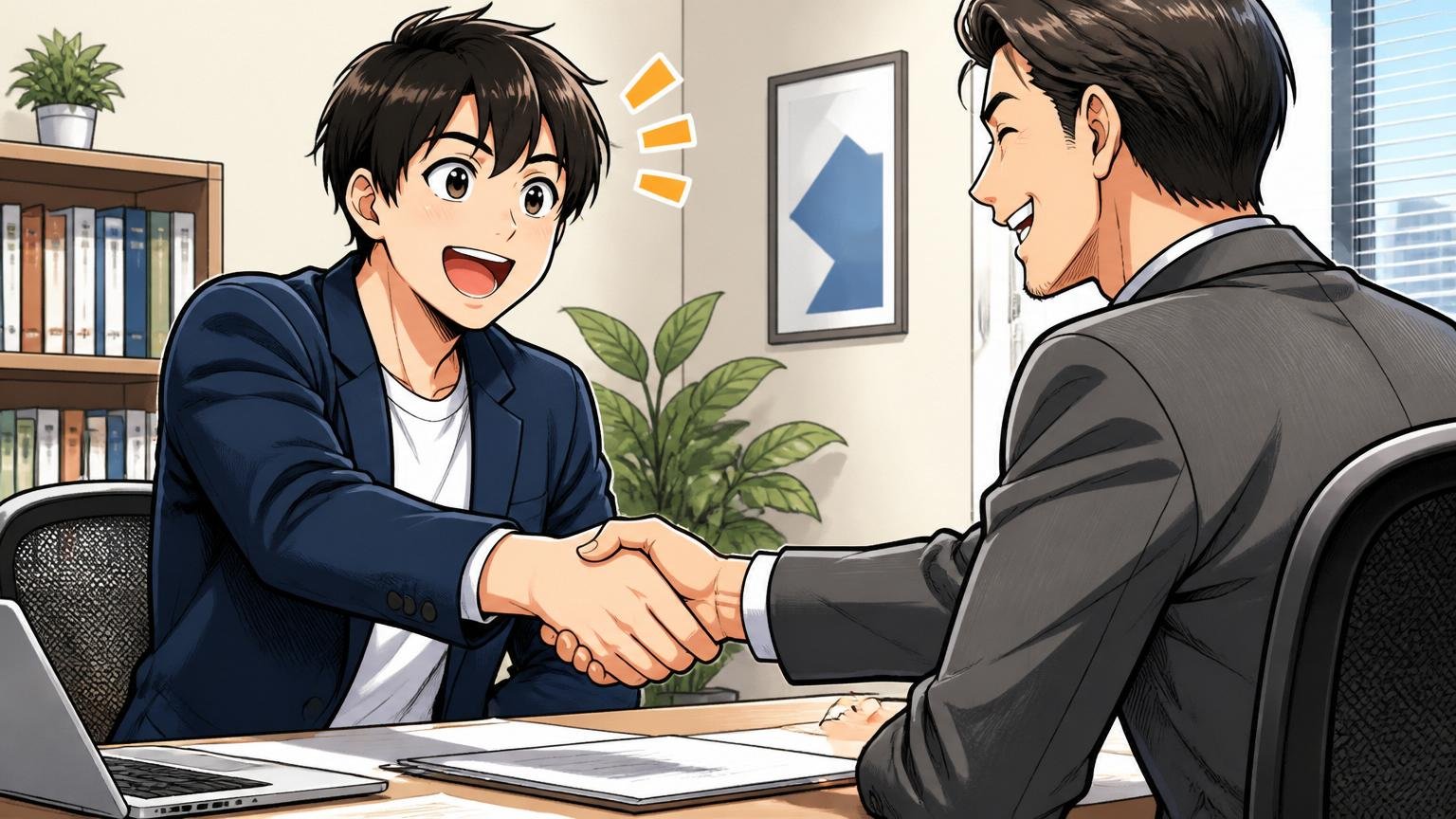 ITエージェント面談で前向きな未来を描くエンジニア。エージェント面談ルームで男性1人、コンサルタントと笑顔で握手する晴れやかな表情