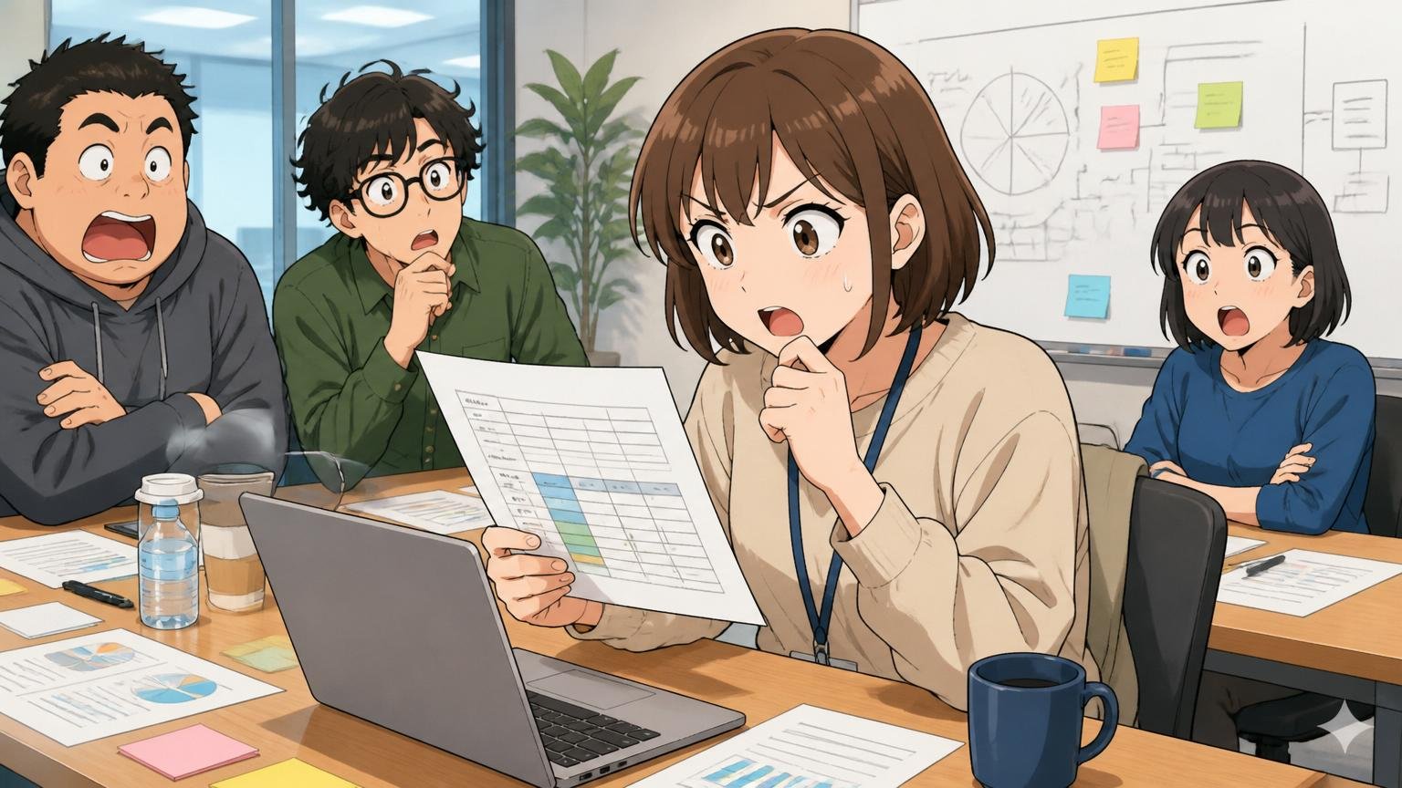 Web系スタートアップの会議室で年収レンジについて求人票を見ながら確認する30代女性エンジニア