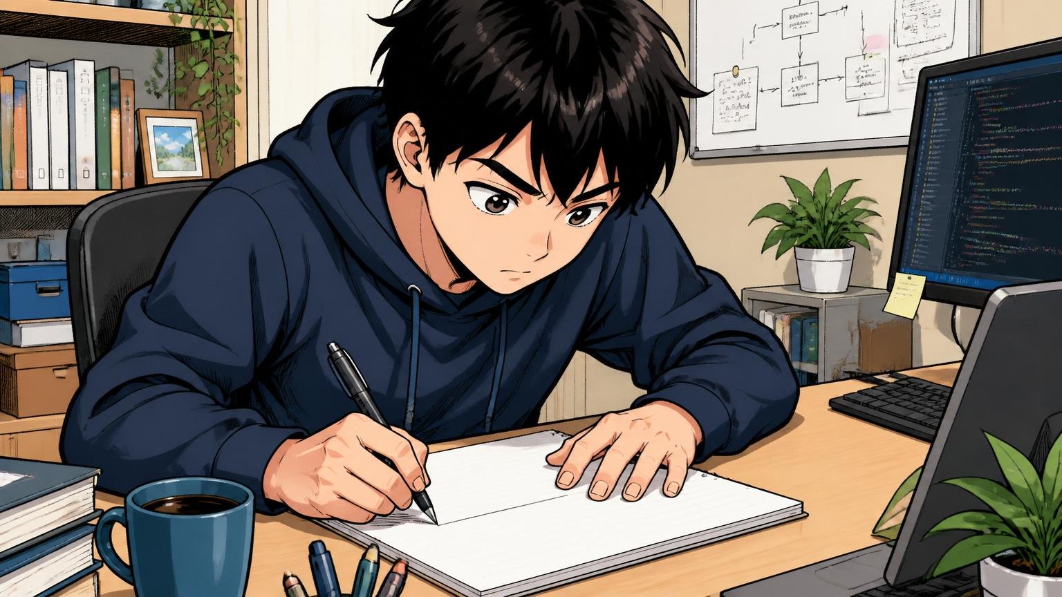 自宅のデスクでノートに自分のキャリア軸を1行で書き出すエンジニア