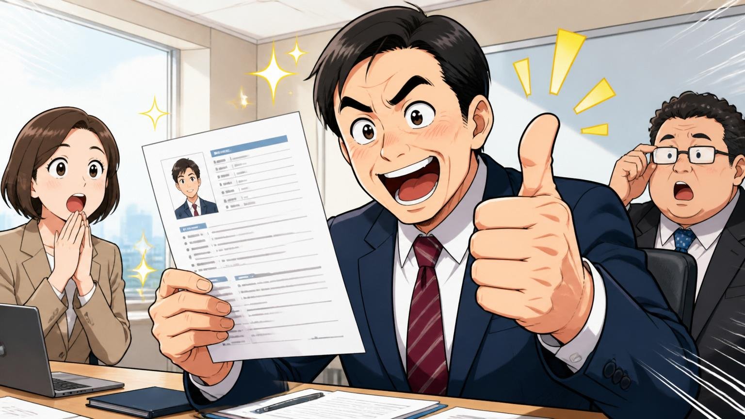 企業の会議室で採用担当者がエンジニアの職務経歴書を見て高評価を示す