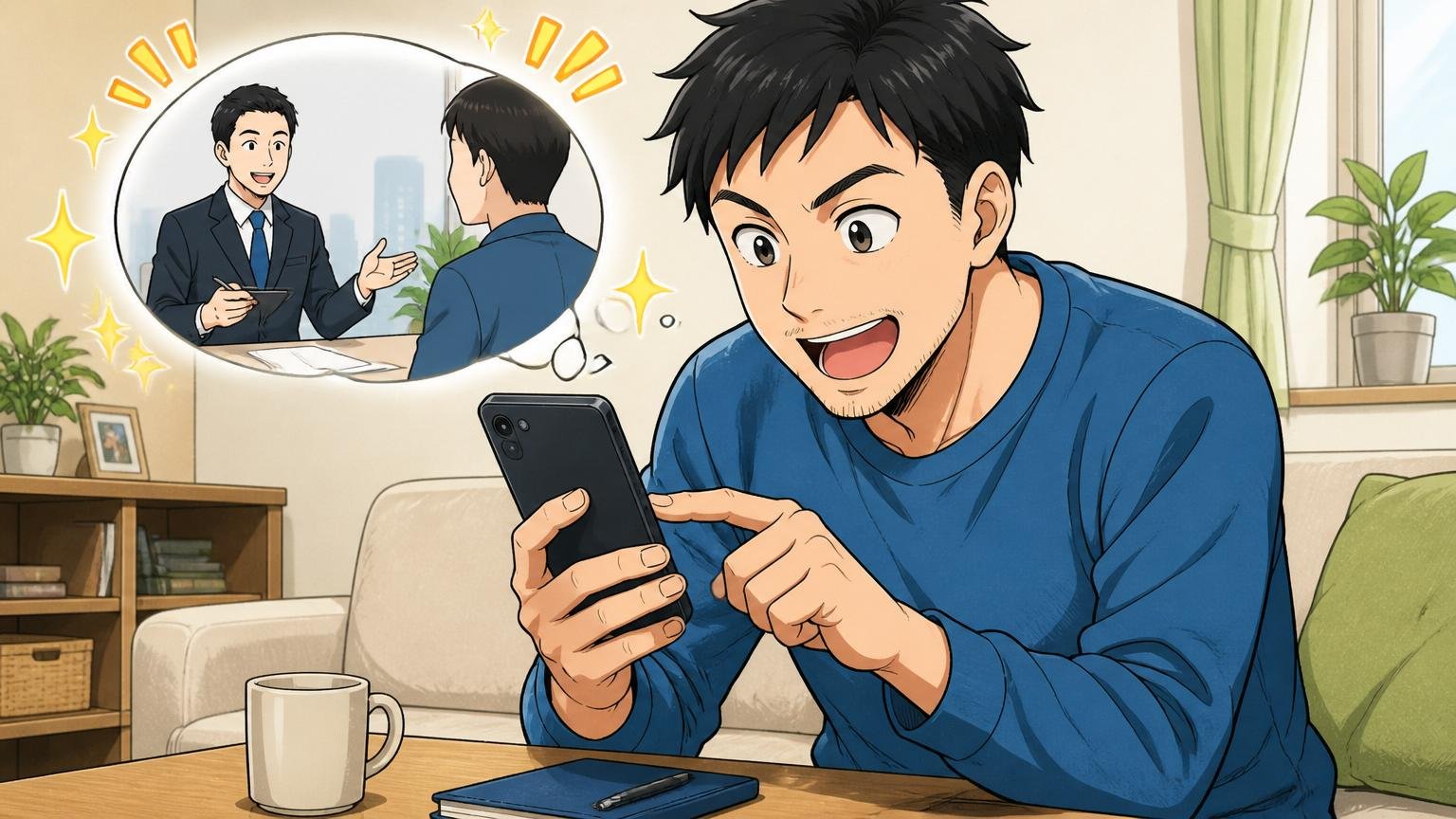 自宅のリビングでスマホで転職エージェントへの無料相談を予約する30代後半の男性