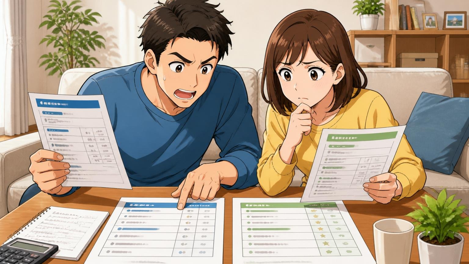 ステップ3 紹介求人と現職の年収・条件を冷静に比較 自宅リビングで配偶者と求人票と現職の条件を並べて議論する30代夫婦