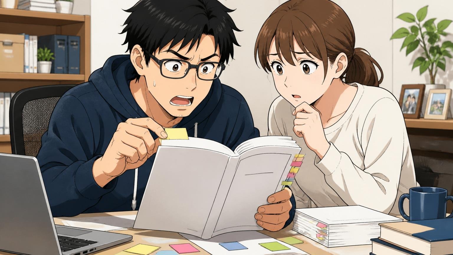 自宅のデスクで退職金規程を読みながら付箋を貼る30代男性エンジニア1人、夫婦で確認するシーン