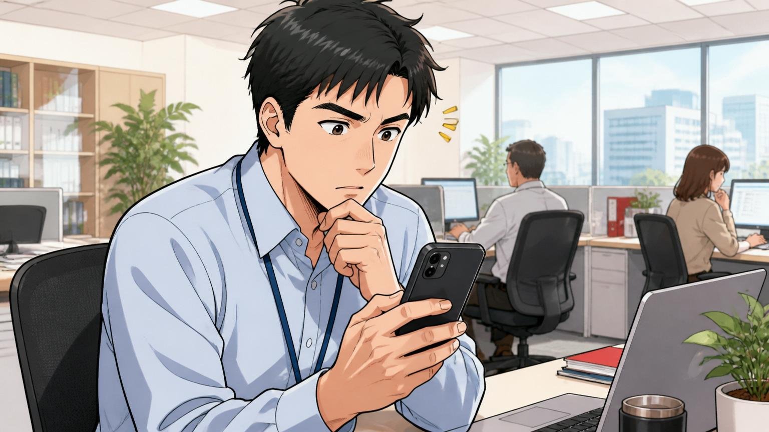 日本オラクルのオフィスで在職中に転職活動を進める30代社員1人がスマホで面談予定を確認する風景