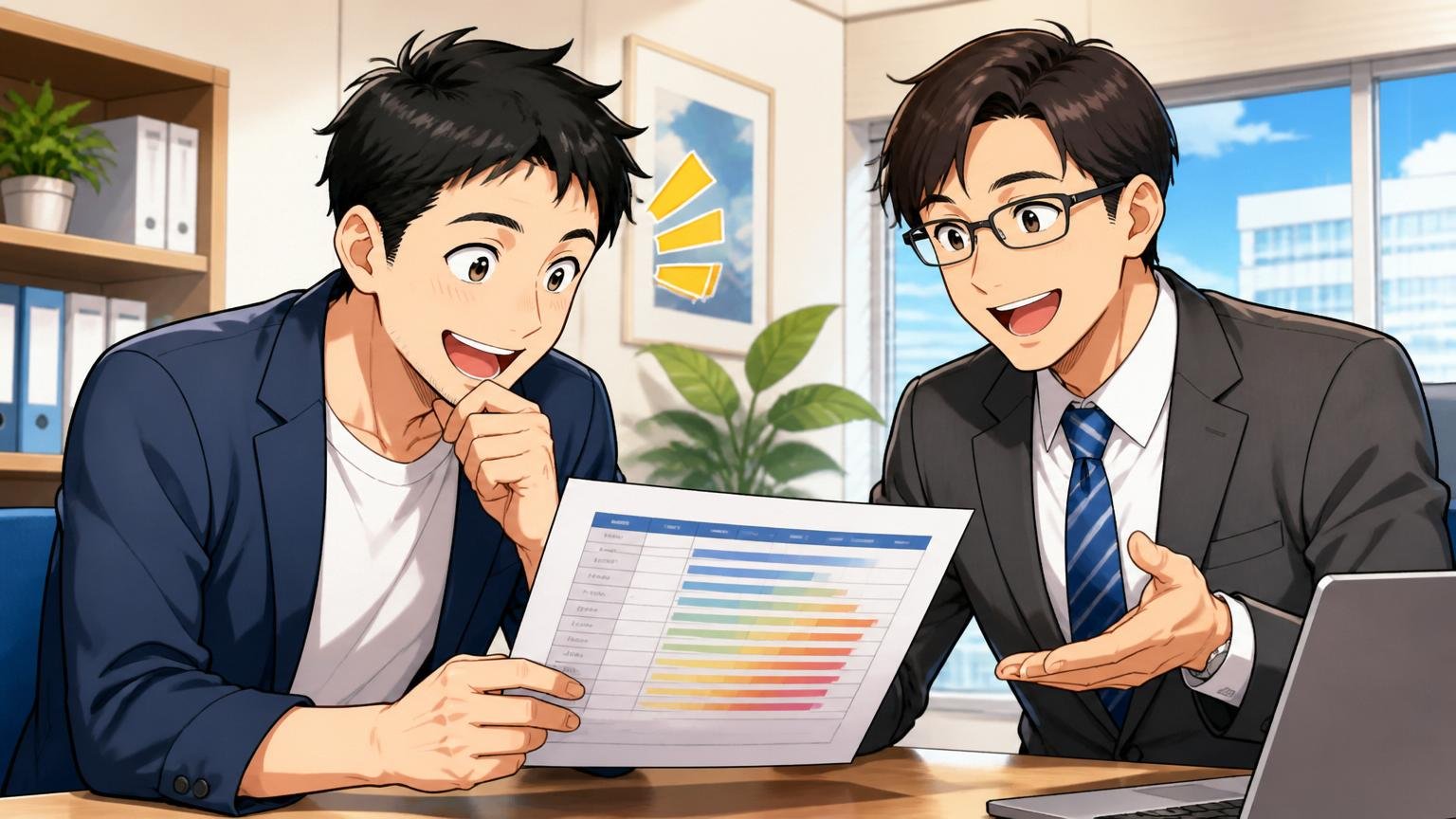 行動③：自分の市場価値を無料で診断してもらう。エージェントオフィスで30代エンジニアが想定年収レンジ表を笑顔で見ている2人