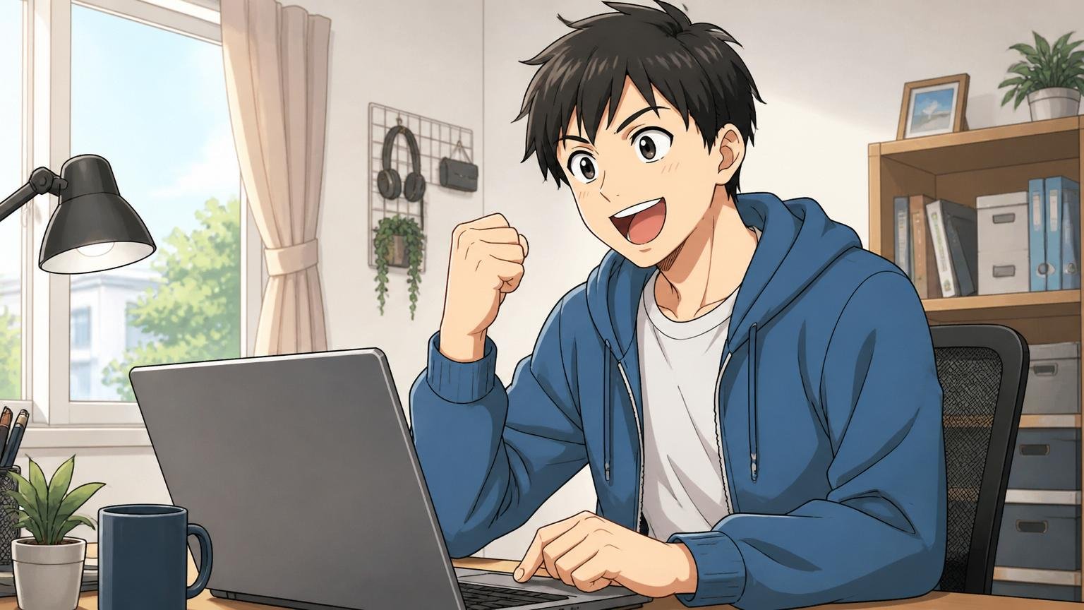 自宅のデスクで在宅勤務のエンジニア1人がノートPCを開いて新しい一歩を踏み出す前向きな表情