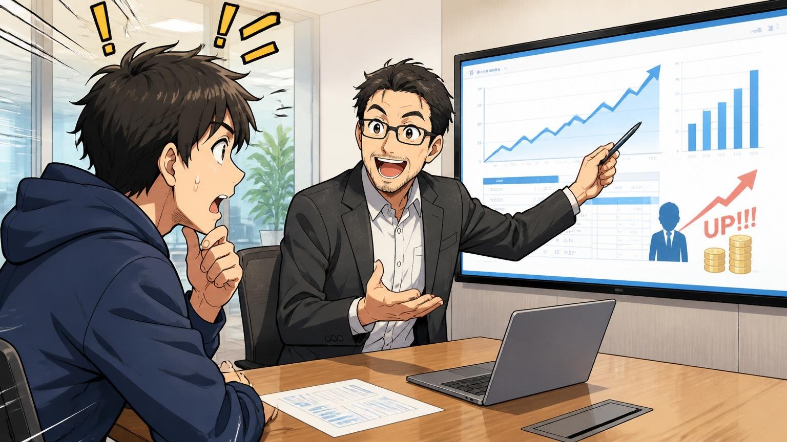 IT特化型エージェントで市場価値を聞くエンジニアが企業の会議室でアドバイザーから年収予測の説明を受ける様子