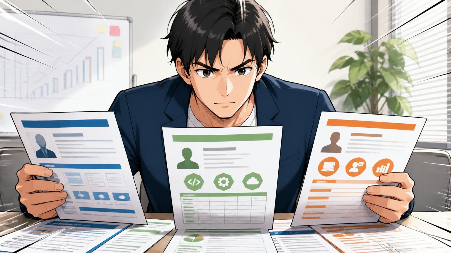 企業の会議室で30代男性エンジニアが3社のIT特化型エージェントの資料を真剣に見比べて決意した表情
