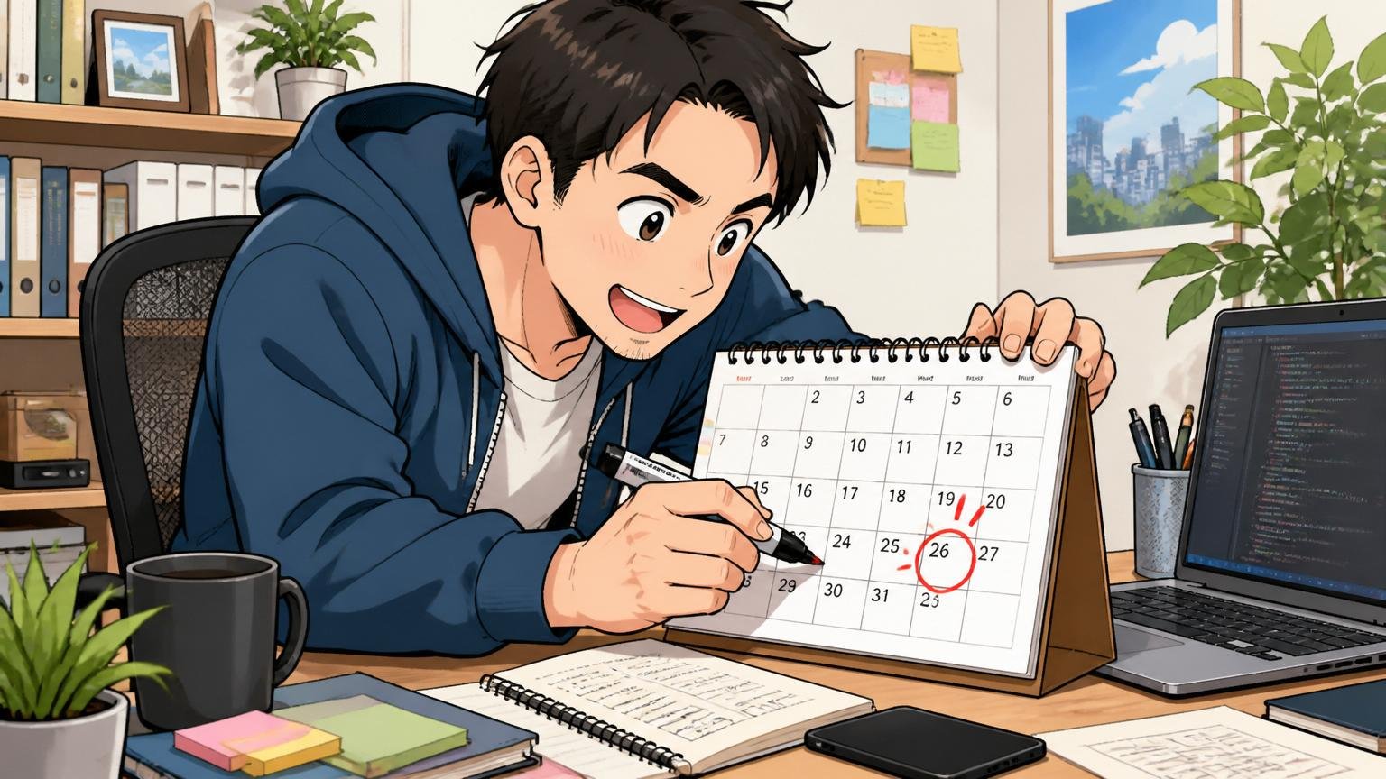 ステップ③：動く場合は1〜3ヶ月、動かない場合は半年スパンで再評価。自宅のデスクでカレンダーに半年後の再評価日付を書き込み計画を立てる30代前半のエンジニア