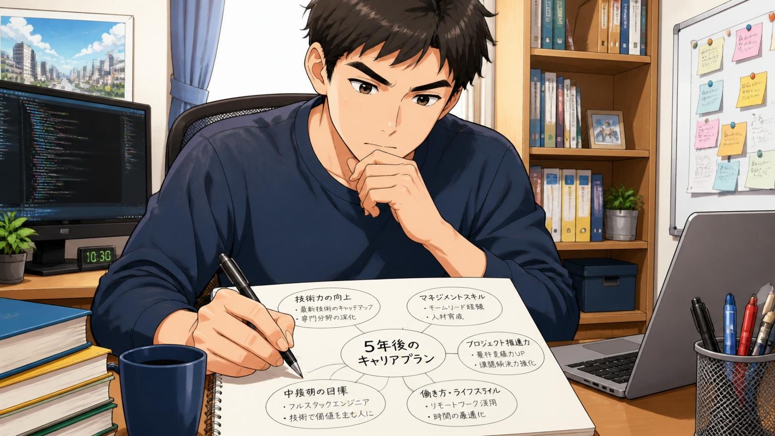 自宅のデスクで5年後のキャリアプランをノートに書き出す30代エンジニア男性1人