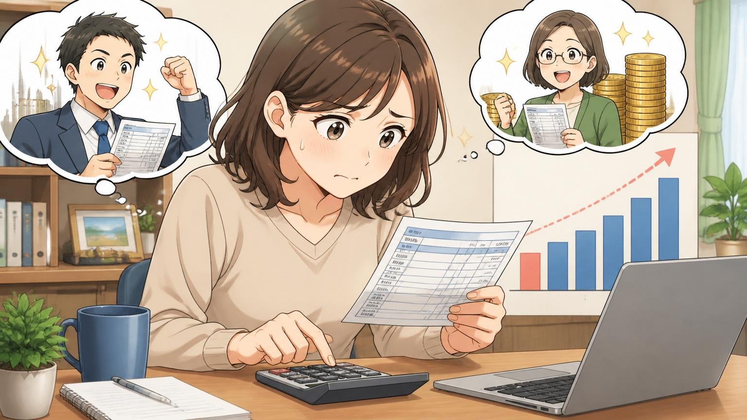 ステップ③SES業界の年収相場と自分を比較する。自宅のデスクで30代女性エンジニアが計算機と給与明細を見比べる