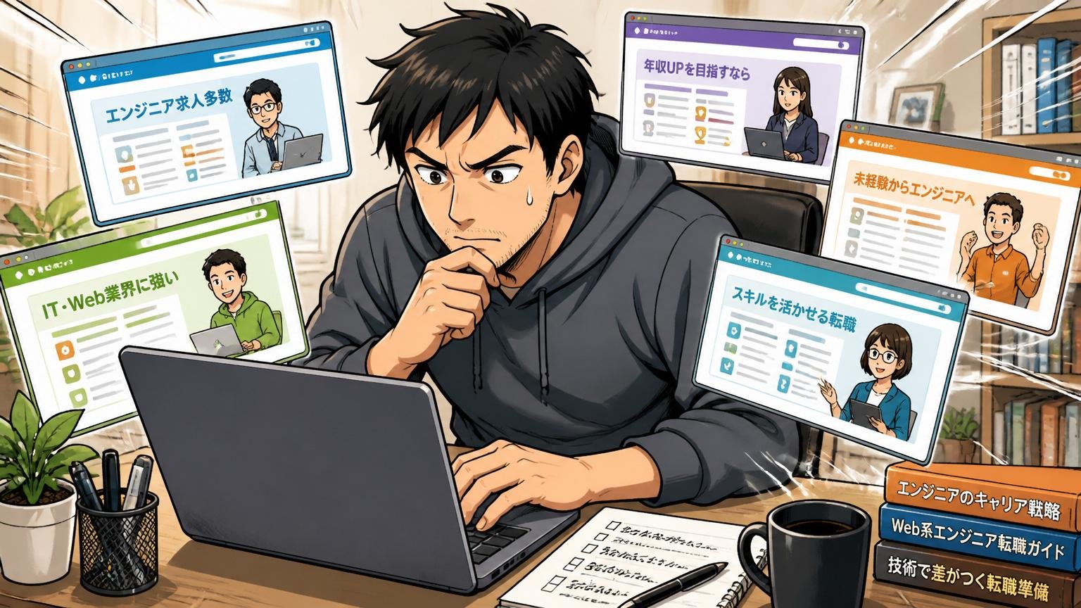 自宅のデスクで複数の転職サイトを比較しながらノートPCに向かう30代エンジニア
