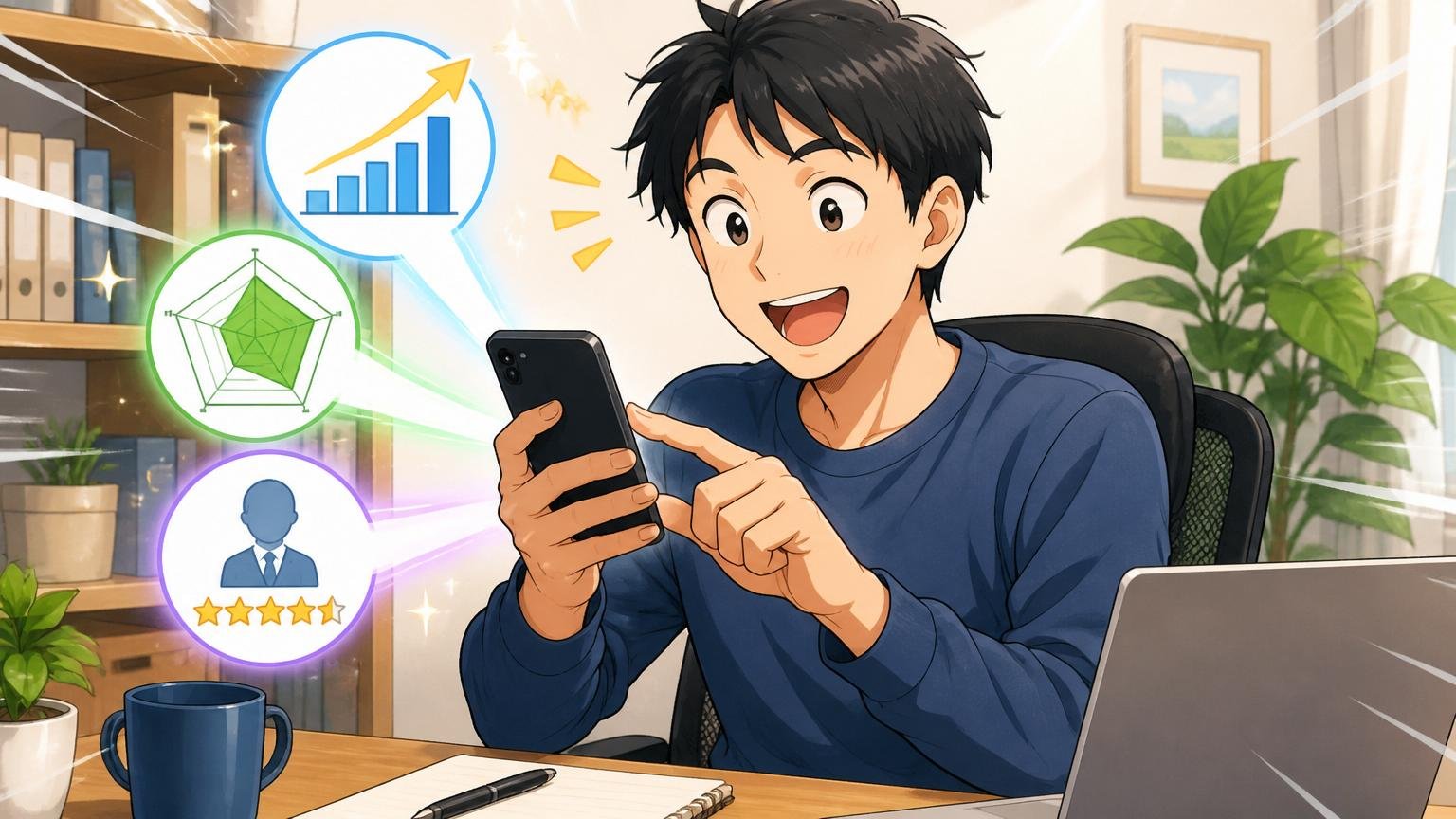 無料登録で市場価値を可視化する第一歩を踏み出すシーン 自宅のデスクで在宅勤務 30代男性1人がスマホで登録画面を操作