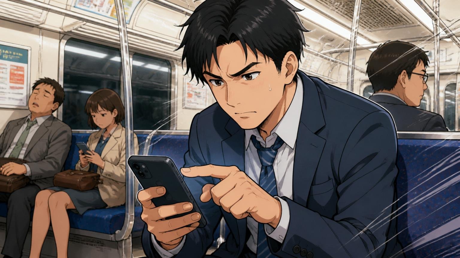 やばいと感じた瞬間が行動を変えるベストタイミング 退勤後の電車内で30代男性がスマホで一歩を踏み出すように指を動かす
