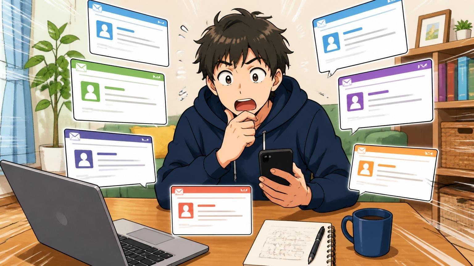 複数の転職エージェントで比較するエンジニアが自宅のリビングで複数のスカウトメールを並べて検討する様子