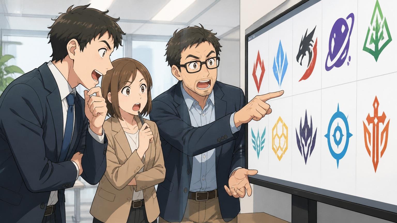 企業のオフィスで男女ビジネスパーソン3人が複数のゲーム会社のロゴが並ぶスライドを見比べている