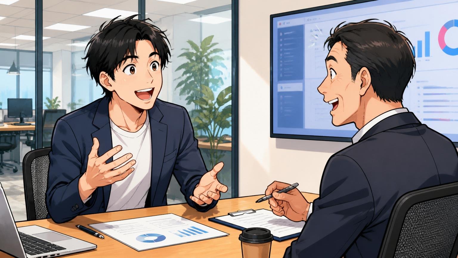 ステップ④IT特化型エージェントで市場価値を確認する。Web系企業の会議室で30代男性が転職エージェントと笑顔で会話する