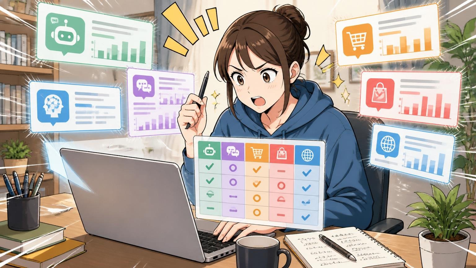 自宅のデスクで在宅勤務中に生成AI系・チャットコマース系の有力企業をリスト化して比較する30代女性エンジニア