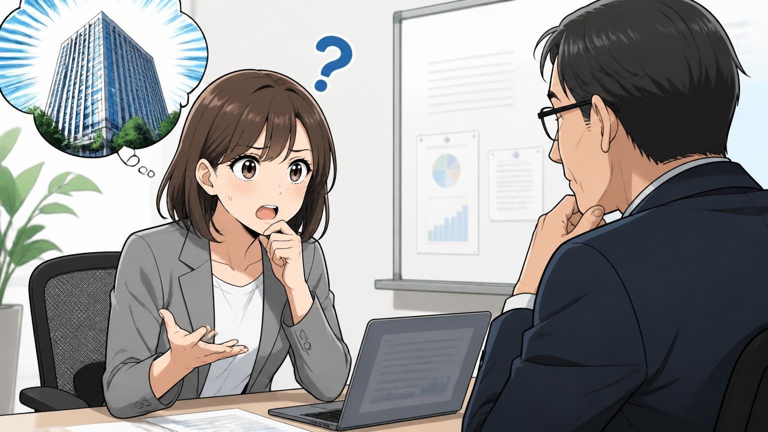 親会社のNTTデータ本体に転職するのは難しいですか｜SIerの会議室で社内異動について上司と相談する30代女性エンジニア1人