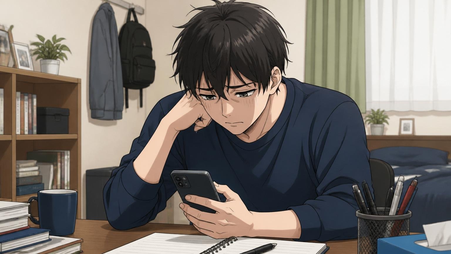 不採用は相性の結果、自宅のデスクで不採用メールを見て肩を落とす20代男性の表情