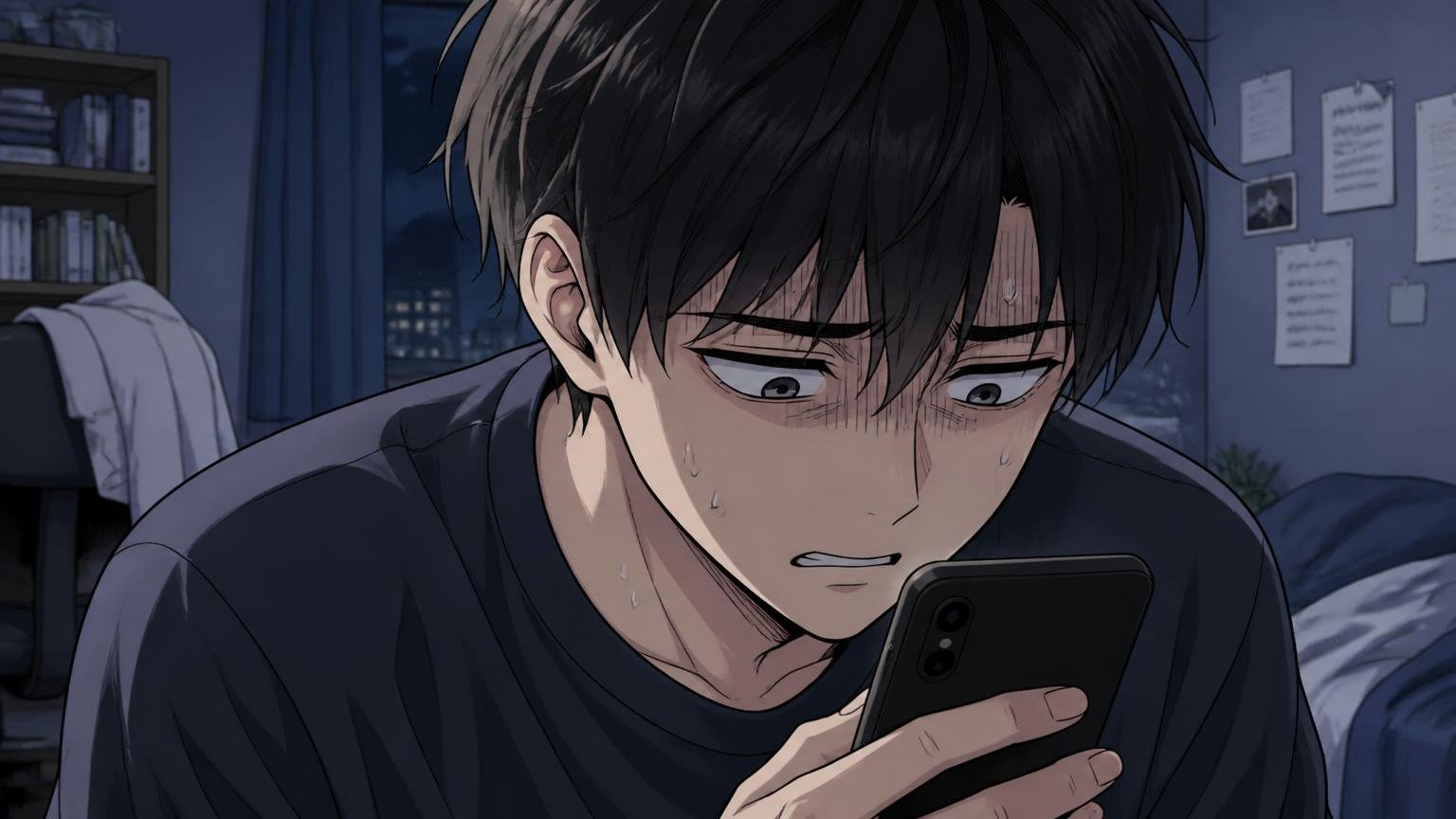 自己否定の深掘りに陥る、夜の自室でスマホを握りうつむく20代男性のアップ