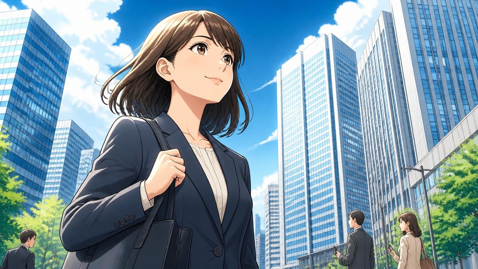 福利厚生大手の会社概要、東京のオフィスビル街を見上げるスーツ姿の女性1人