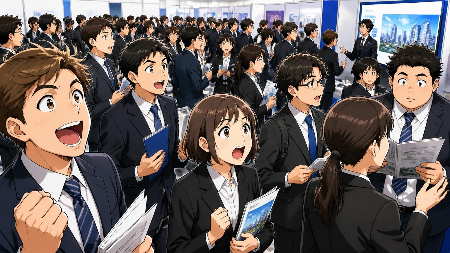 人気企業で倍率が高い、企業説明会の会場に大勢の応募者が集まる活気ある光景