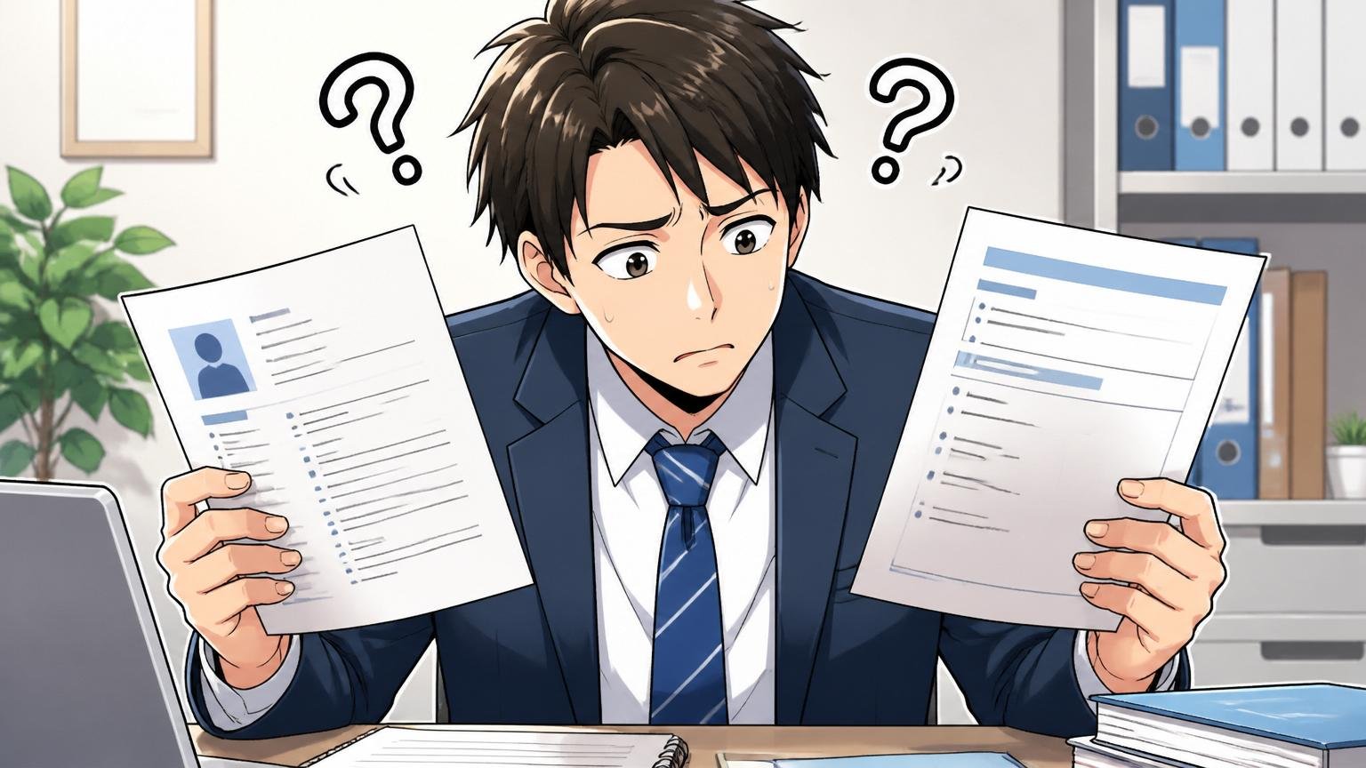 応募職種と経験のミスマッチ、求人票と職務経歴書を見比べて首をかしげる30代男性