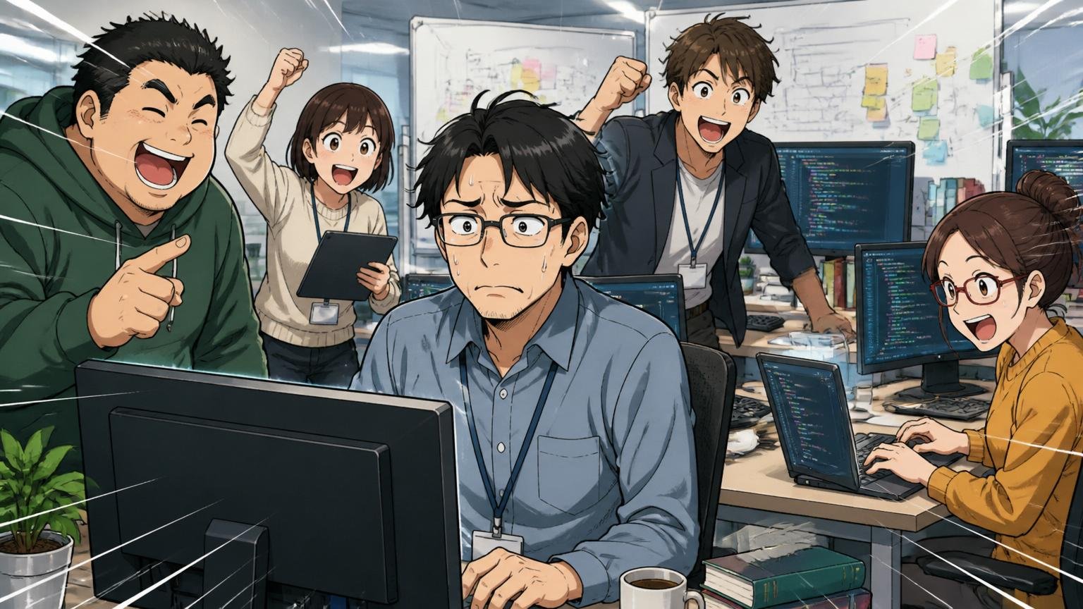 活気あるIT開発現場で優秀な同僚たちに囲まれ気後れする中堅エンジニア1人、緊張で硬い表情